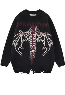 Gothic sweater 90s pattern chunky knit ripped jumper black