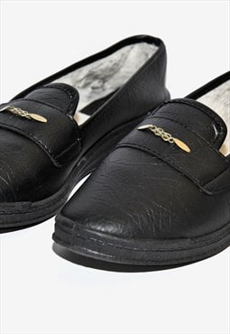 Vintage black real leather women's loafers moccasins winter 