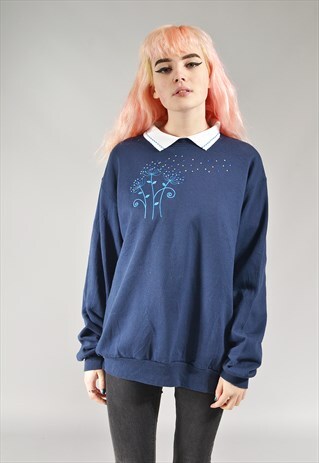 VINTAGE NAVY EMBROIDERED FLOWERS SWEATER