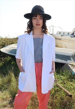 90s Oversized White Short Sleeve Vintage Blazer Jacket 