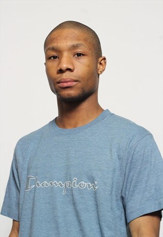 VINTAGE CHAMPION LOGO BIG SPELL OUT T-SHIRT BLUE