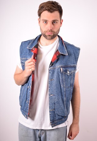 MUSTANG MENS VINTAGE REVERSIBLE DENIM GILET LARGE BLUE 90S