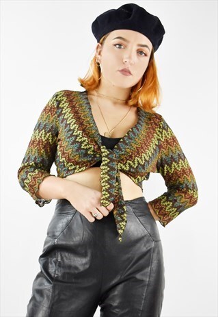 BEAUTIFUL VINTAGE 70S LONG SLEEVE PATTERNED TIE UP CROP TOP