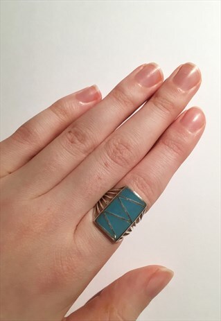 WOMENS VINTAGE RING AZTEC BLUE TURQUOISE 925 SILVER RING