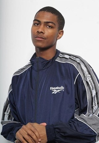 VINTAGE REEBOK TAPE LOGO TRACK JACKET NAVY BLUE