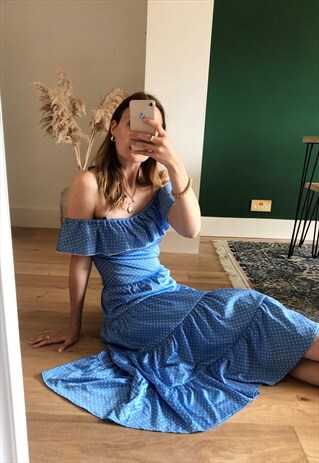 VINTAGE 70S BLUE POLKADOT OFF SHOULDER MIDI DRESS