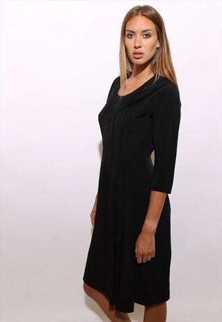 VINTAGE 1950'S 50'S FITTED BLACK COCKTAIL DRESS TAILORED M-L