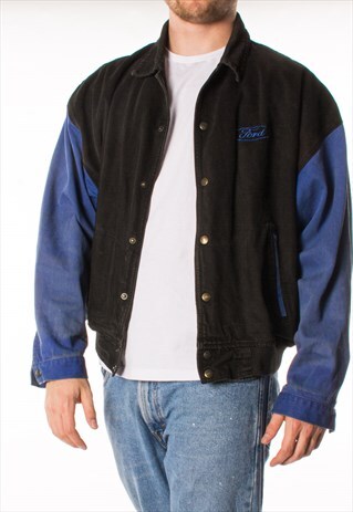 VINTAGE 90S BLUE BLACK FORD CANVAS VARSITY JACKET