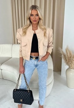 JUSTYOUROUTFIT Cropped Long Sleeve Bomber Jacket Beige