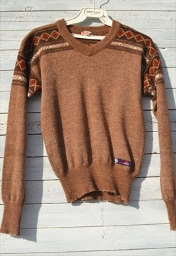 Vintage brown alpaca blend jacquard knit sweater