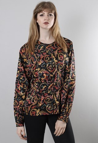 VINTAGE 80S SATIN PATTERNED BUTTON BLOUSE