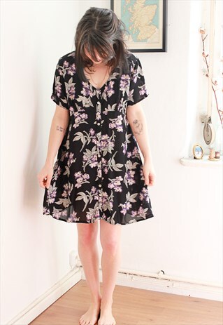 VINTAGE 90S BLACK FLOWER PRINT SHORT DRESS