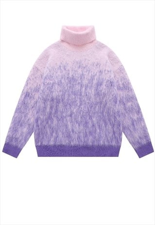 FLUFFY TURTLENECK SWEATER GRADIENT KNITTED JUMPER IN PURPLE