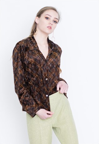 VINTAGE BROWN CHECKED VELVET LONG SLEEVE RETRO SHIRT