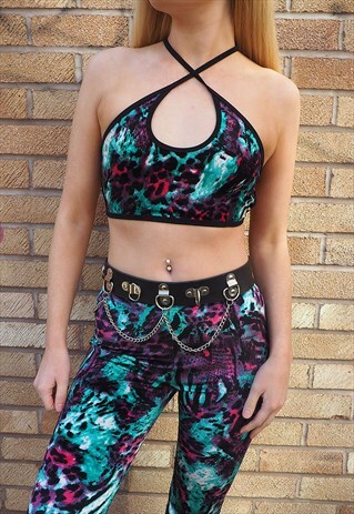 TEAL ANIMAL PRINT KEYHOLE TOP