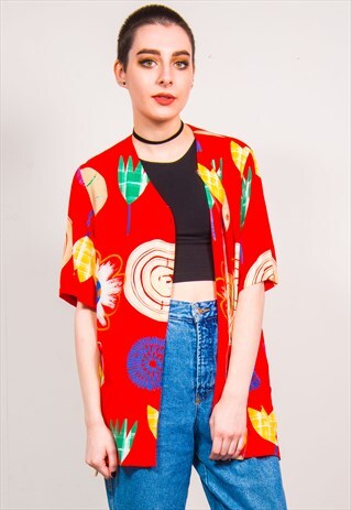 VINTAGE 90'S RED FLORAL PRINT SHORT SLEEVE COLLARLESS BLOUSE