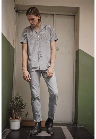 VINTAGE PASTEL GREY SILK LOGO PRINTED SHIRT FROM 90S