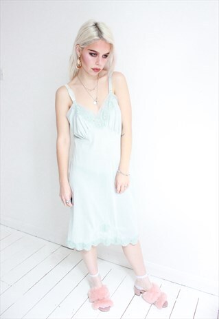 VINTAGE 70S LIGHT BLUE LACE SLIP DRESS