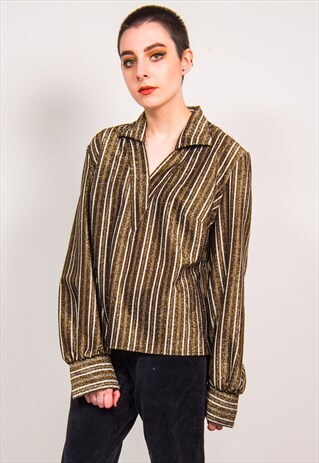 VINTAGE 70'S BROWN GLITTER STRIPED PATTERN SHIRT BLOUSE