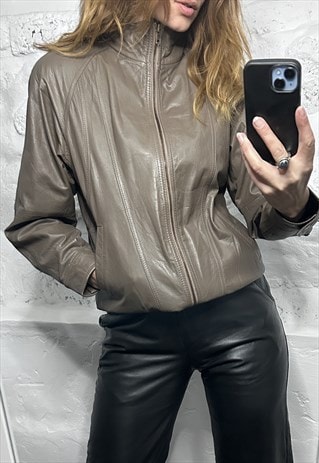 Vintage Brown Real Leather Bomber Jacket - Small