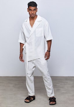 White Men's Linen Jacket&Pants,Hippie Style,Kimona Men