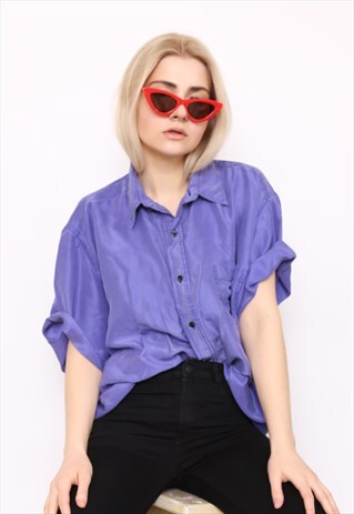 VINTAGE 90S BLUE SILK OVERSIZED BLOUSE SHIRT