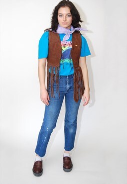 60s Suede Fringe Vest (S/M) brown leather 70s hippy festival