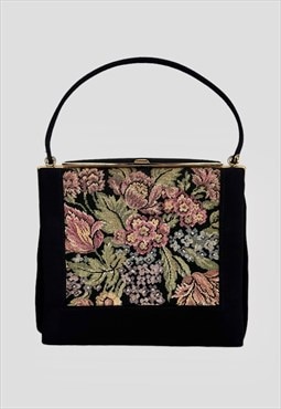 50's /60's Ladies Bag Black Fabric Embroidery Evening 