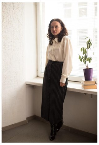 VINTAGE 80'S BLACK STRIPED BUTTONS UP MAXI SKIRT