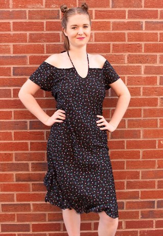 VINTAGE 80S MIDI DRESS HALTERNECK BLACK RED WHITE FLORAL