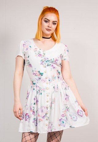 VINTAGE 90'S WHITE FLOWER PATTERN MINI DRESS