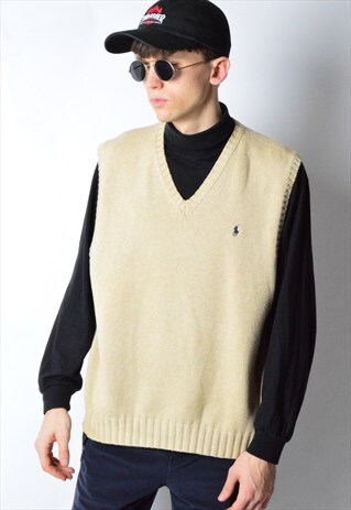 VINTAGE 90S BEIGE KNIT RALPH LAUREN V-NECK VEST
