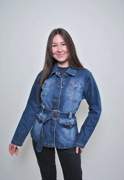 Y2k denim jacket, blue jeans jacket with belt women 00s