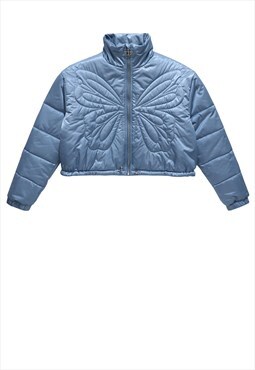Cropped bomber jacket retro butterfly puffer in blue 