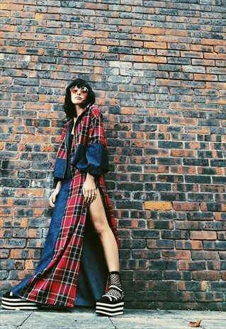 RED TARTAN & DENIM MAXI DRESS WITH SIDE SPLIT