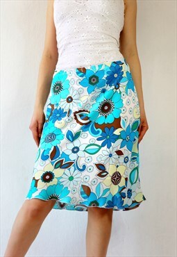Bright Floral Vintage Midi Skirt Slinky Y2k Skirt Blue