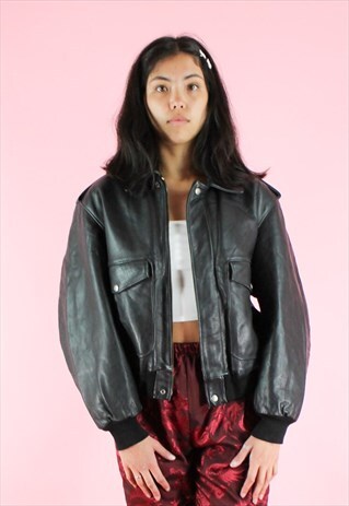 VINTAGE 90S Y2K OVERSIZED BLACK LEATHER BIKER BOMBER JACKET