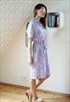LIGHT PURPLE LILAC FLORAL SHORT SLEEVE BELTED DRESS