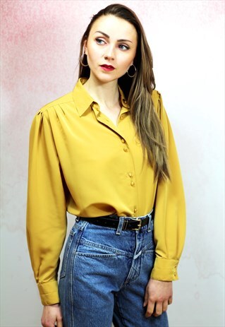 1980S VINTAGE MUSTARD YELLOW SILKY BLOUSE