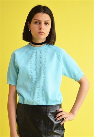 VINTAGE 70'S RETRO CROCHET SKY BLUE OVERSIZED BLOUSE TOP