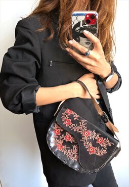 Embossed Tooled Floral Black Red Small Top Handle Bag 