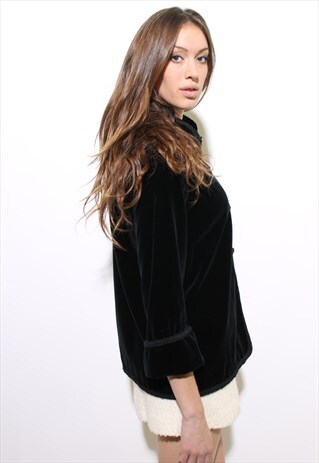 VINTAGE 1970'S 70'S VICTOR COSTA BLACK VELVETEEN JACKET M-L