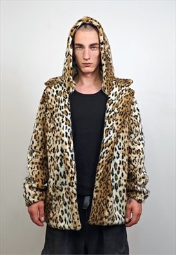 Hooded leopard fleece coat brown animal print tie-dye trench