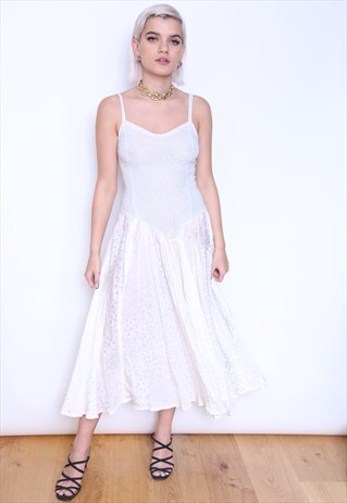 VINTAGE 70S SILVER GLITTER WHITE MIDI PARTY DRESS