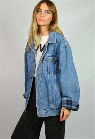 VINTAGE 90S OVERSIZED LIGHT BLUE PLAID QUILTED DENIM JACKET