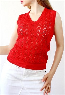 Red Crochet Top Open Knit Vest Top Sleeveless Vintage Top