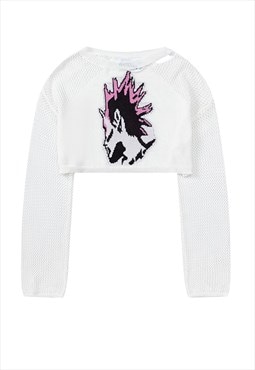 Knitted crop top punk print t-shirt transparent jumper white
