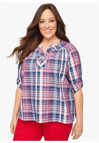 NAVY AMERICANA PLAID MIRABEL PARK TOP BUTTON ROLL TAB SLEEVE