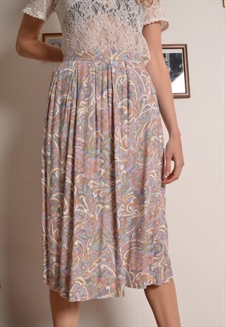 VINTAGE 80S PLEATED ABSTRACT FLORAL MIDI SKIRT IN DUSKY PINK