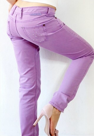Low Rise Y2k Vintage Skinny Jeans Diamonte Embellished Lilac